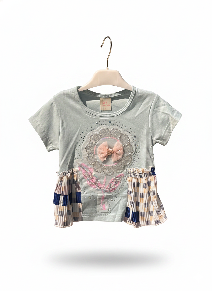 Rhinestone Beads Girl Baby Party Top (6M-4Y)- Dusty Blue