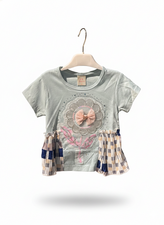 Rhinestone Beads Girl Baby Party Top (6M-4Y)- Dusty Blue