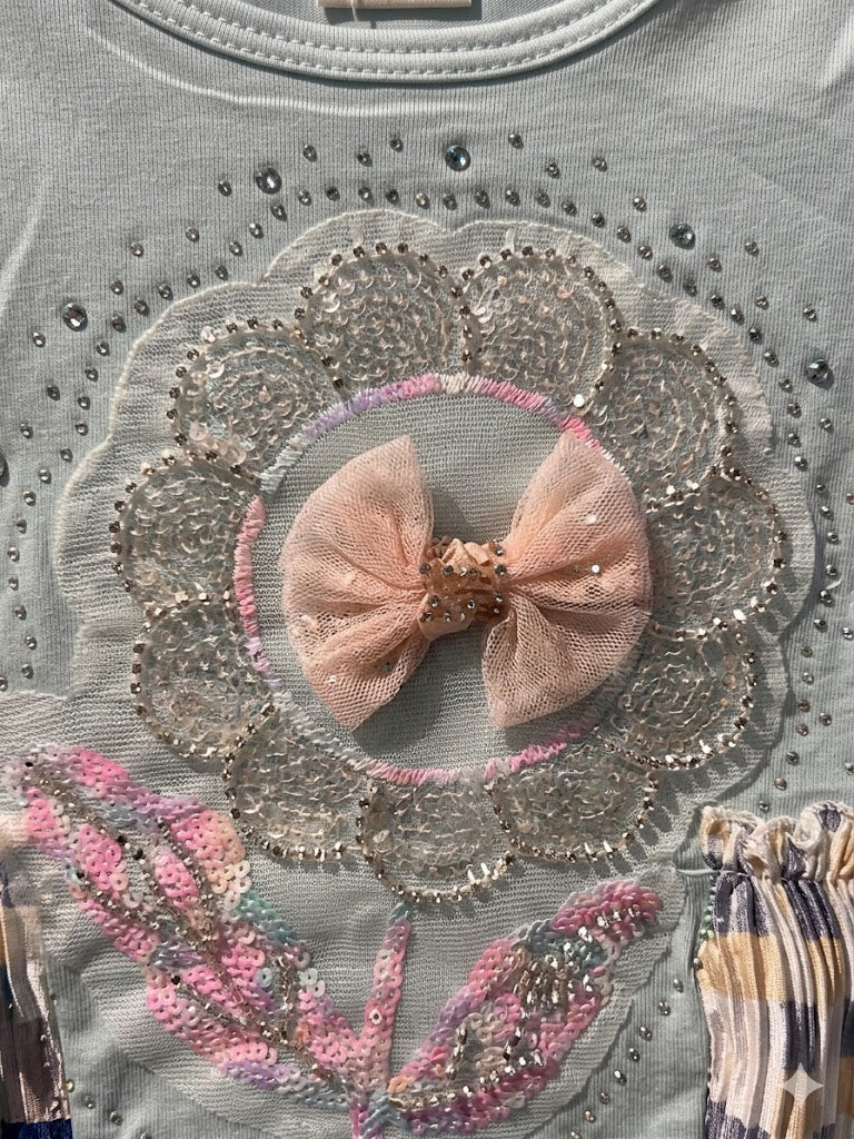 Rhinestone Beads Girl Baby Party Top (6M-4Y)- Dusty Blue