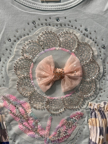 Rhinestone Beads Girl Baby Party Top (6M-4Y)- Dusty Blue