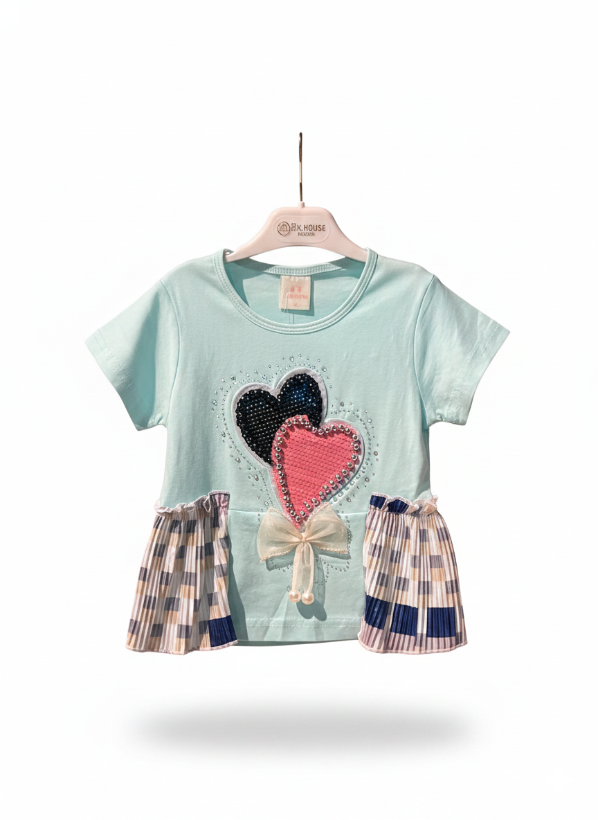 Rhinestone Beads Girl Baby Party Top (6M-4Y)- Heart Sky Blue