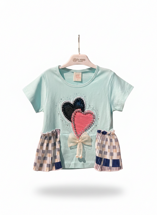 Rhinestone Beads Girl Baby Party Top (6M-4Y)- Heart Sky Blue
