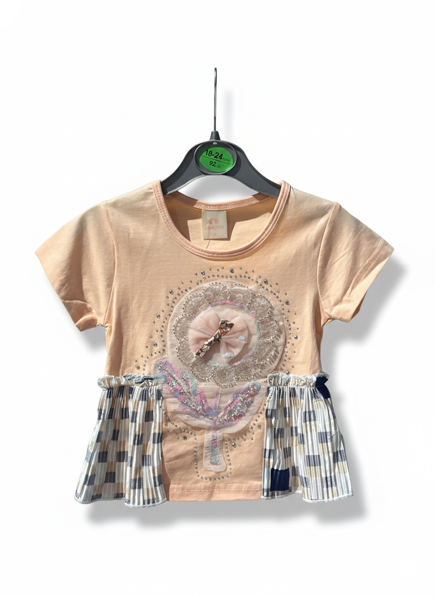 Rhinestone Beads Girl Baby Party Top (6M-4Y)- Peach