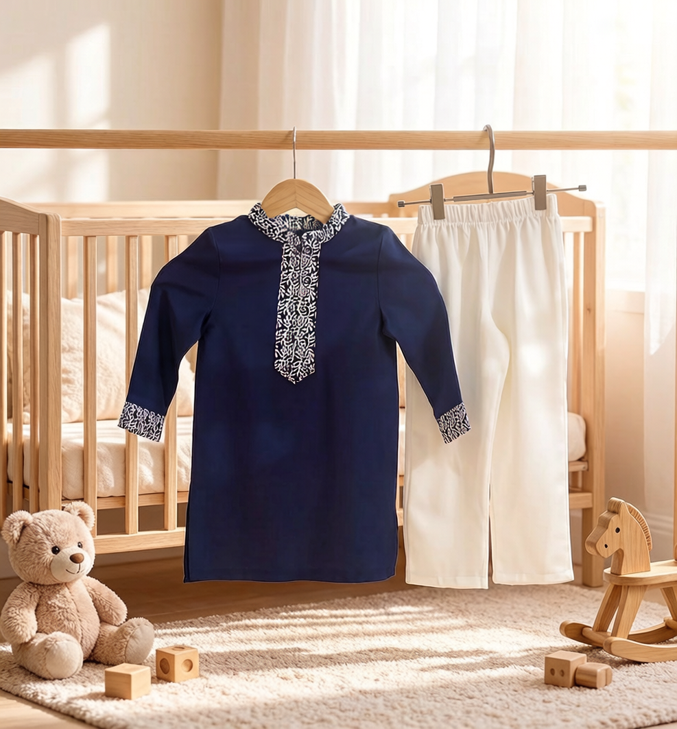 Royal Blue Baby Panjabi Set with Printed White Pajama (4-6Y)