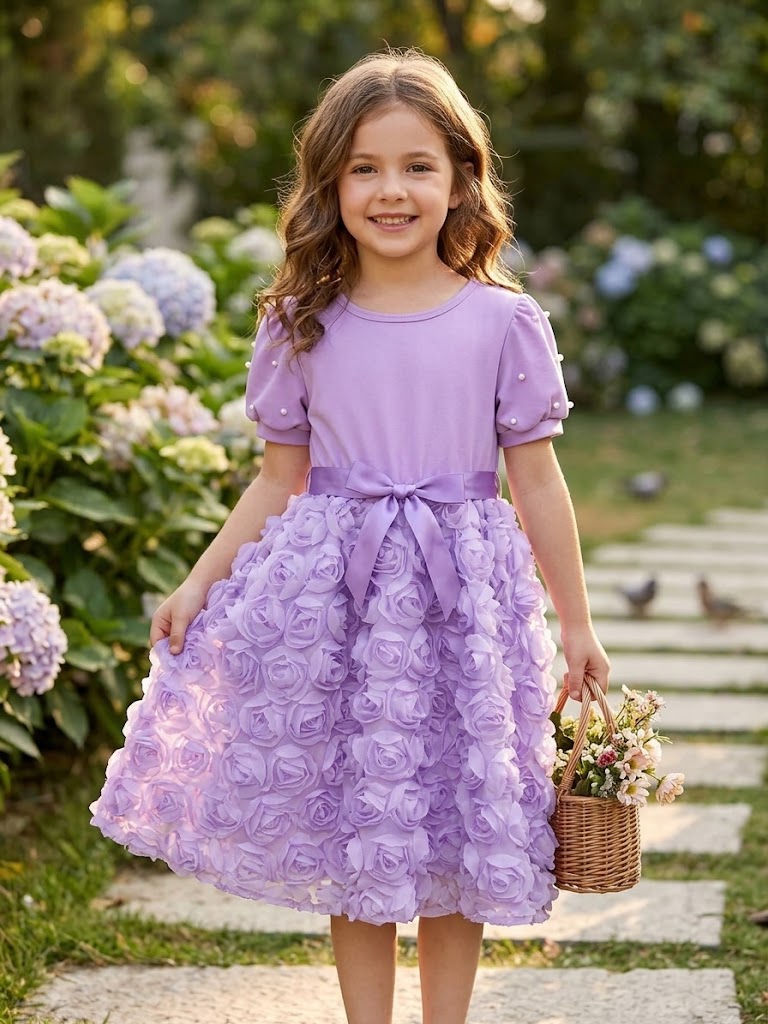 SN Girl's Rose Flower Frock- Purple (7-8Y)