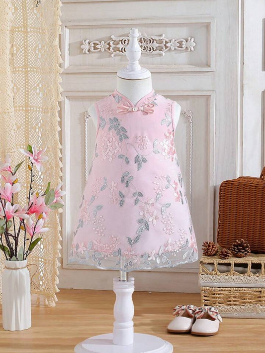 Baby Girl Dress Sleeveless Embroidered Button Frock Stand Collar Style - Pink SHPEB05