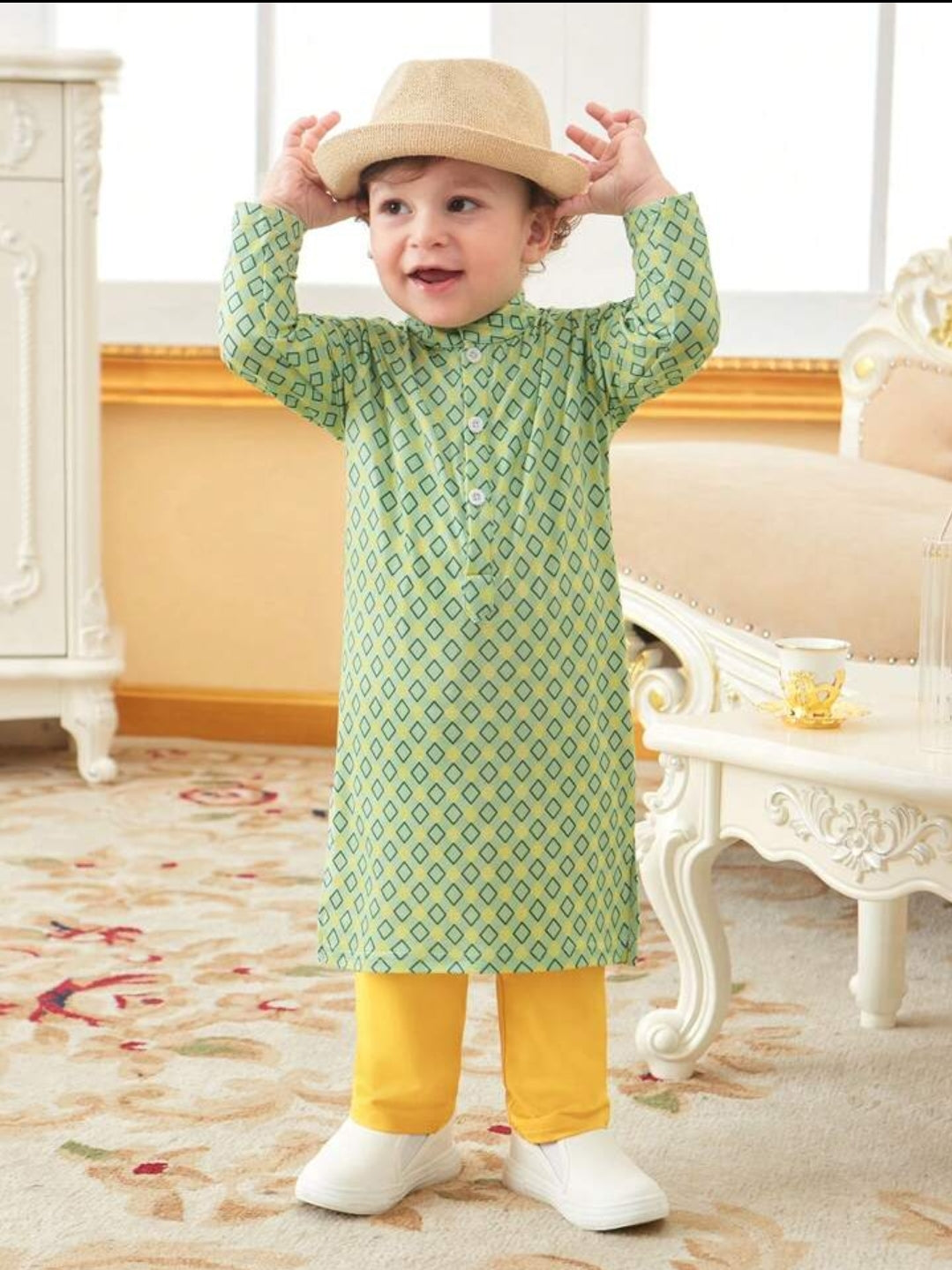 Baby Boy Geometric Printed Panjabi Style Dress- Green SHBPG06