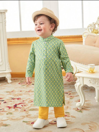 Baby Boy Geometric Printed Panjabi Style Dress- Green SHBPG06