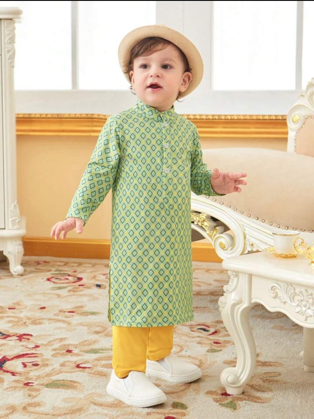 Baby Boy Geometric Printed Panjabi Style Dress- Green SHBPG06