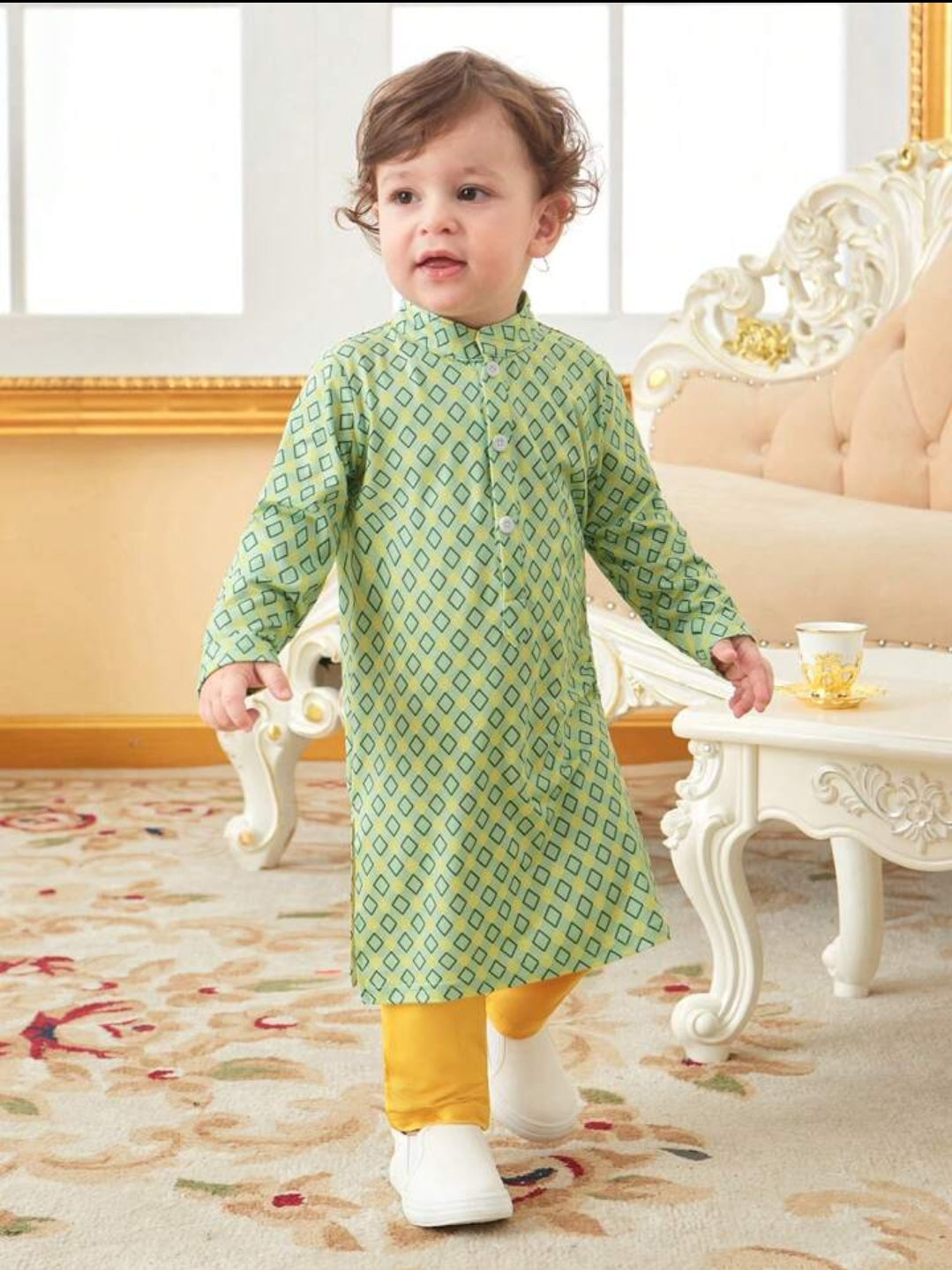 Baby Boy Geometric Printed Panjabi Style Dress- Green SHBPG06