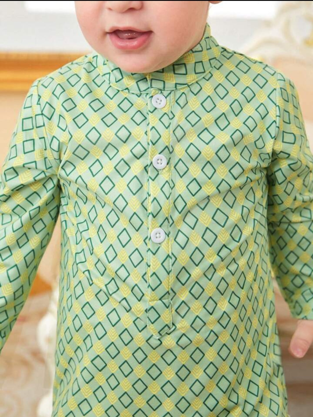 Baby Boy Geometric Printed Panjabi Style Dress- Green SHBPG06