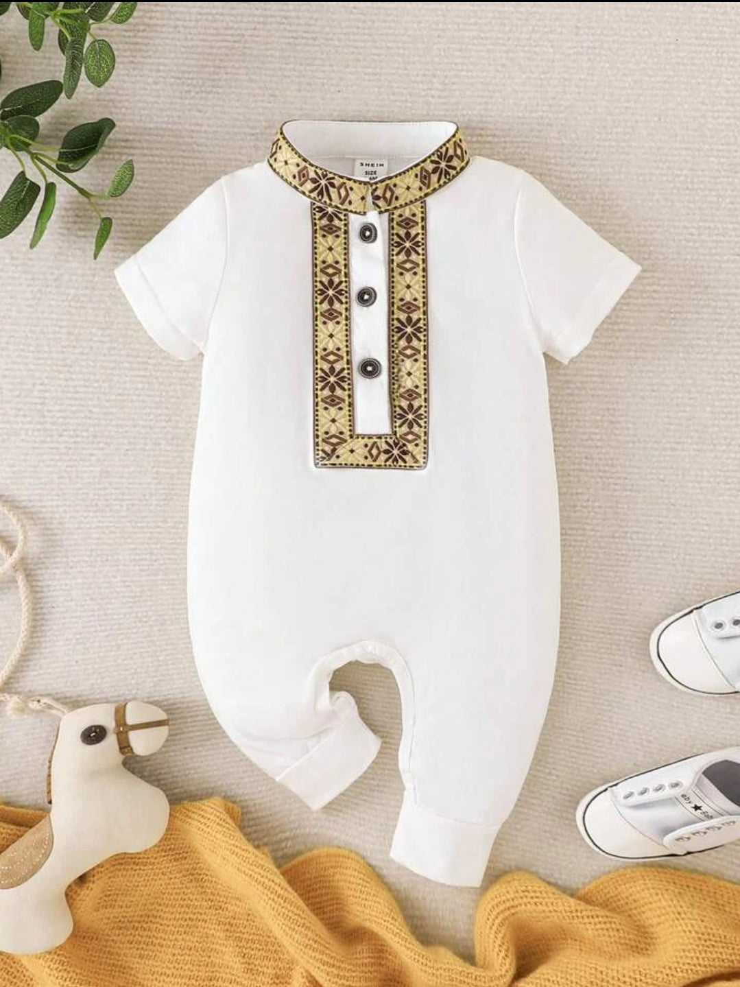 Baby Boy Contrast Tape Button front Panjabi Style Romper Dress-white SHBRPW04