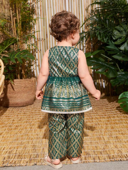 Baby Girl gold foil geometric printed sleeveless dress-Dark Green SHBBFG01