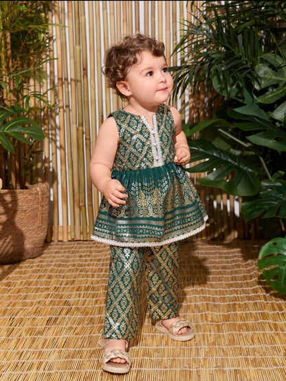 Baby Girl gold foil geometric printed sleeveless dress-Dark Green SHBBFG01