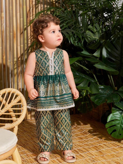 Baby Girl gold foil geometric printed sleeveless dress-Dark Green SHBBFG01