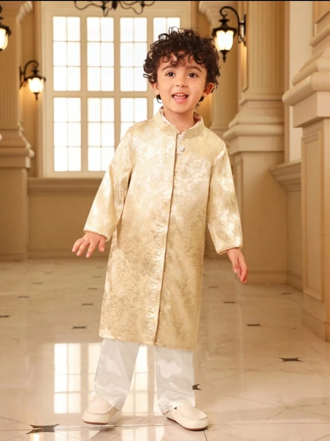 Baby Boy satin stand coller long shirt and long pant- Gold SHBSAT03