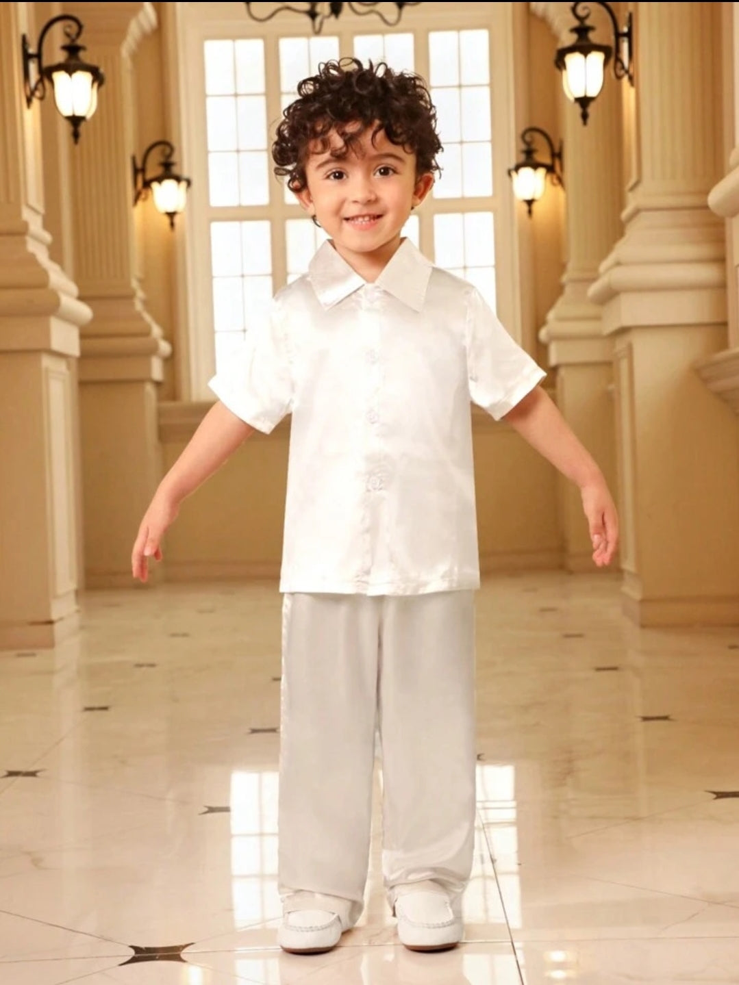 Baby Boy satin stand coller long shirt and long pant- Gold SHBSAT03