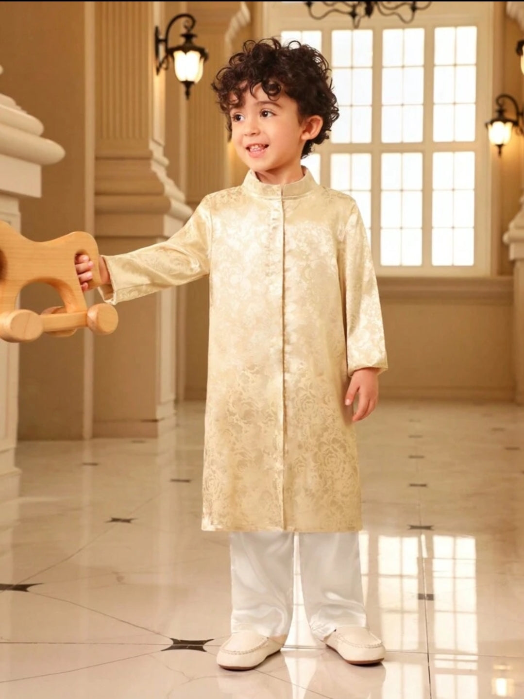 Baby Boy satin stand coller long shirt and long pant- Gold SHBSAT03