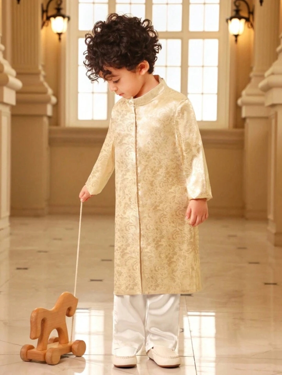 Baby Boy satin stand coller long shirt and long pant- Gold SHBSAT03