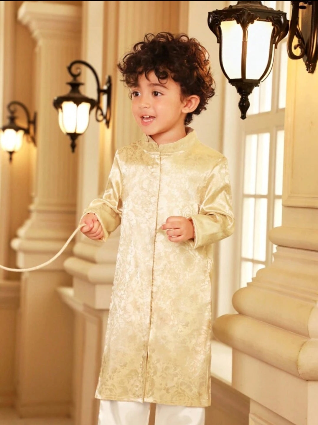 Baby Boy satin stand coller long shirt and long pant- Gold SHBSAT03