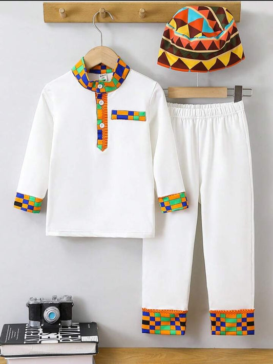 Baby boy plaid patchwork, colourful printed coller and fine cuffs tops and pant-White SHBPH02