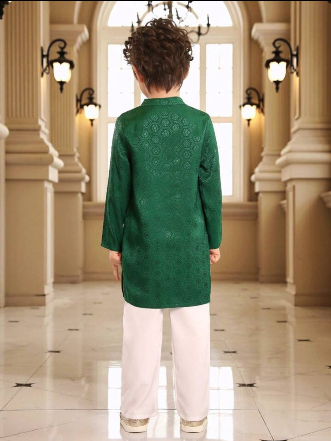 Baby Boy Dress dark green jacquard woven shirt and white pant set SHBPG05