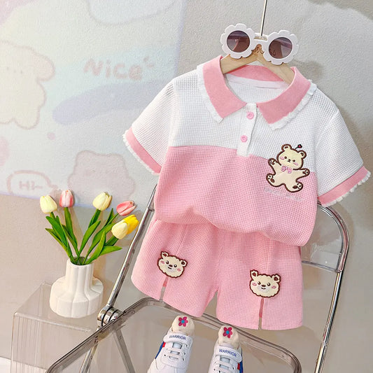 Sports Leisure Suit Children Short Sleeve Cartoon T-Shirt Short 2pcs- Pink