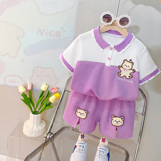 Sports Leisure Suit Children Short Sleeve Cartoon T-Shirt Short 2pcs- Purple
