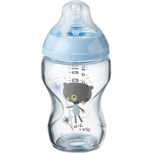 Tommee Tippee Closer to Nature Anti-Colic Glass Baby Bottle (0m+)- Blue, 250ml