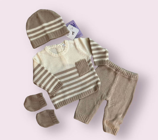 Winter Knitted Dress 4 Pcs Gift Set- Cream & Light Brown Stripe