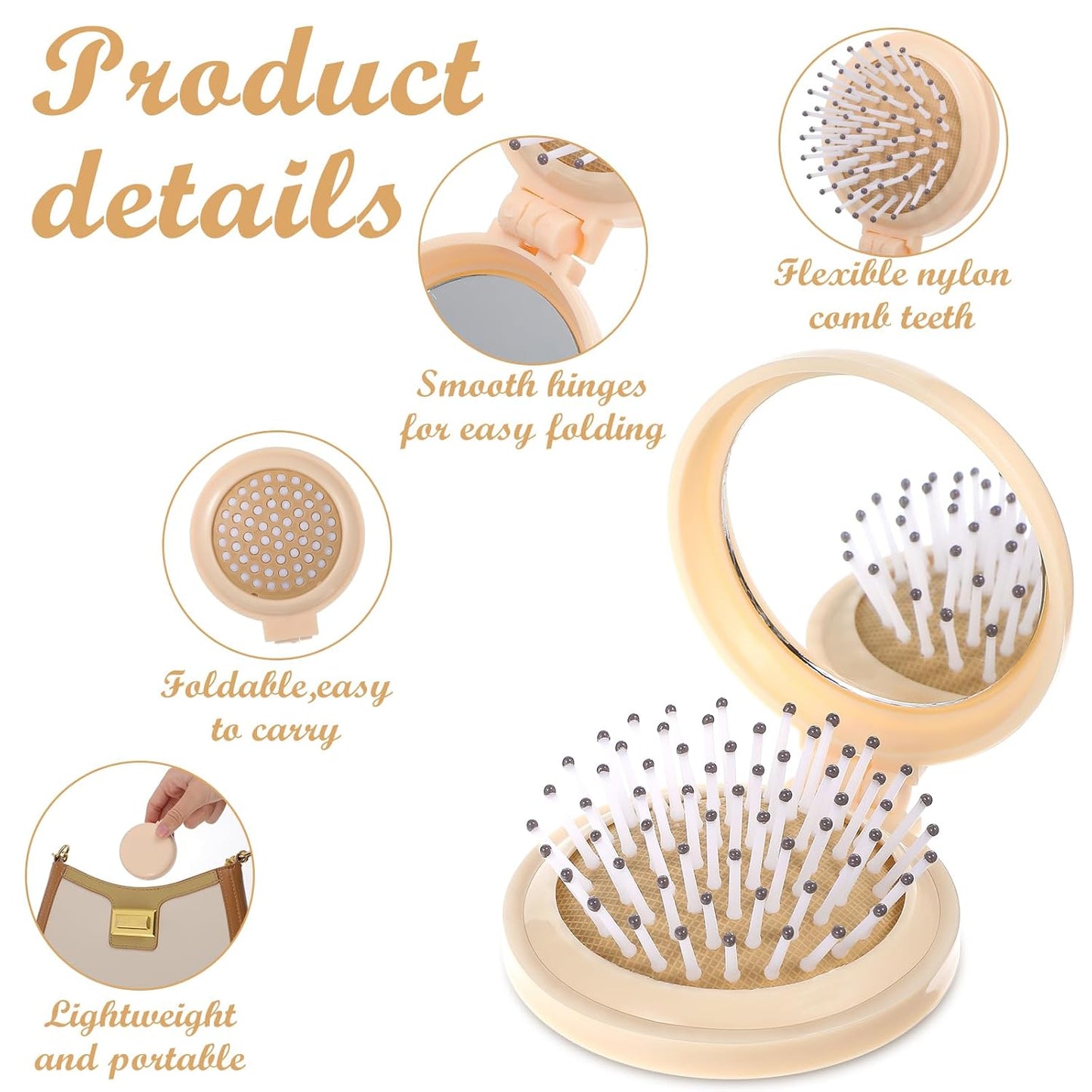 Women's Foldable Travel Hair Brush with Compact Mirror