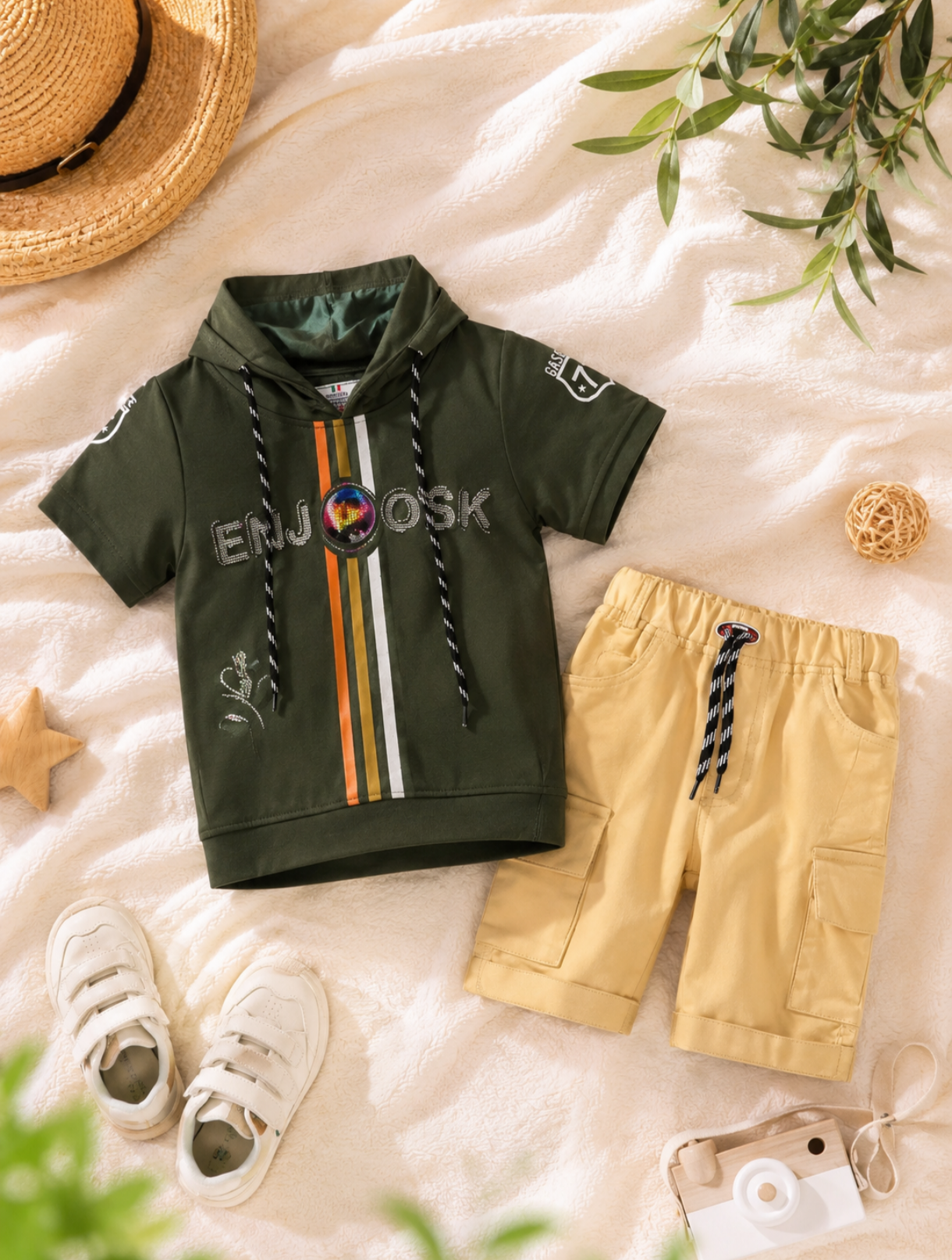 Kids Short-Sleeve Hooded T-Shirt and Cargo Shorts Outfit Set
