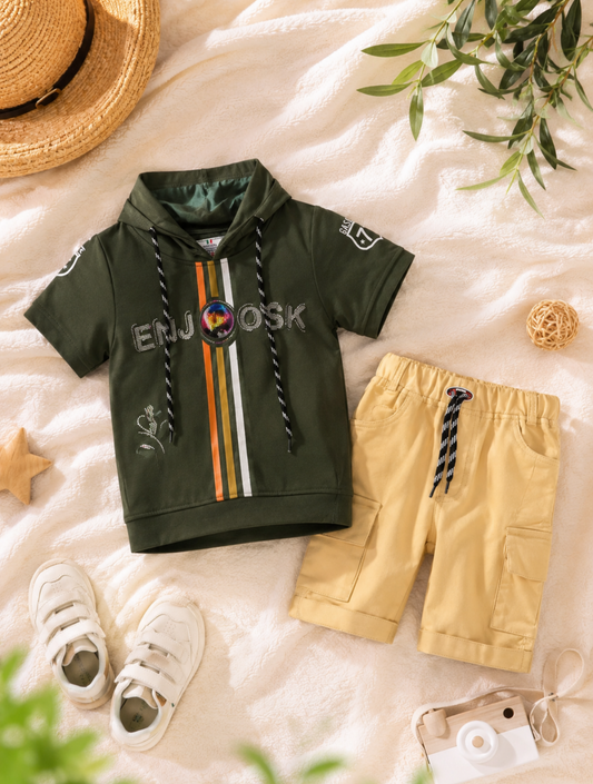 Kids Short-Sleeve Hooded T-Shirt and Cargo Shorts Outfit Set