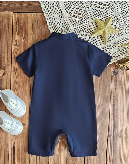 Newborn Baby Boy Navy Blue Collar Romper Panjabi