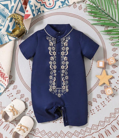Newborn Baby Boy Navy Blue Collar Romper Panjabi