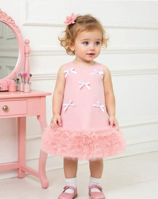 Baby Girl Bowknot Ruffle Hem Ruched Pink Mesh Knit Sleeveless Party Dress