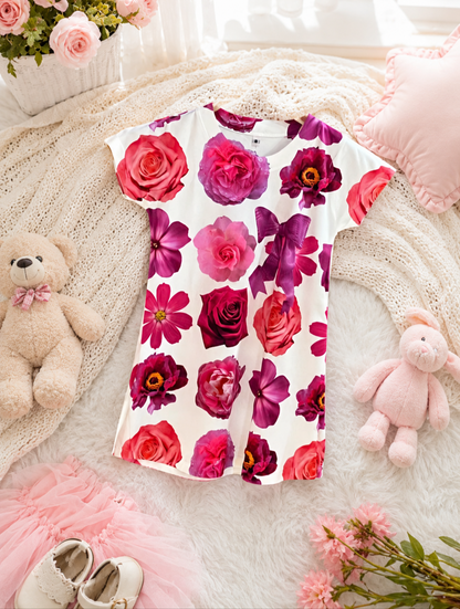 Girl's Beautiful Rose Floral Print Cotton Top- White (3-4Y)