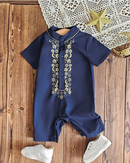 Newborn Baby Boy Navy Blue Collar Romper Panjabi