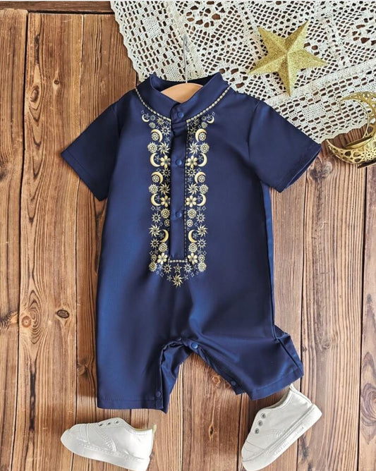 Newborn Baby Boy Navy Blue Collar Romper Panjabi