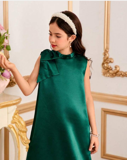 Girls Solid Color Stand Collar Knotted Shoulder Feather Hem Sleeveless Elegant Dress