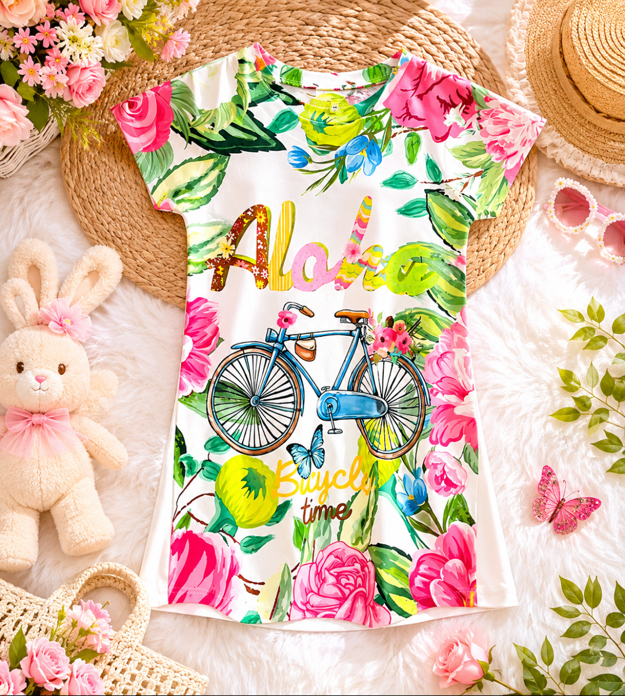 Girl's "Aloha Bicycle Time" Floral Print Cotton Top - White (3-4Y)