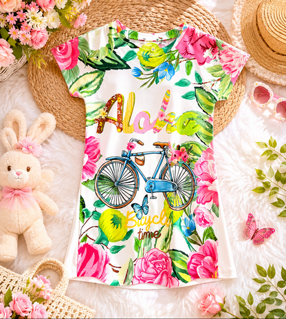 Girl's "Aloha Bicycle Time" Floral Print Cotton Top - White (3-4Y)