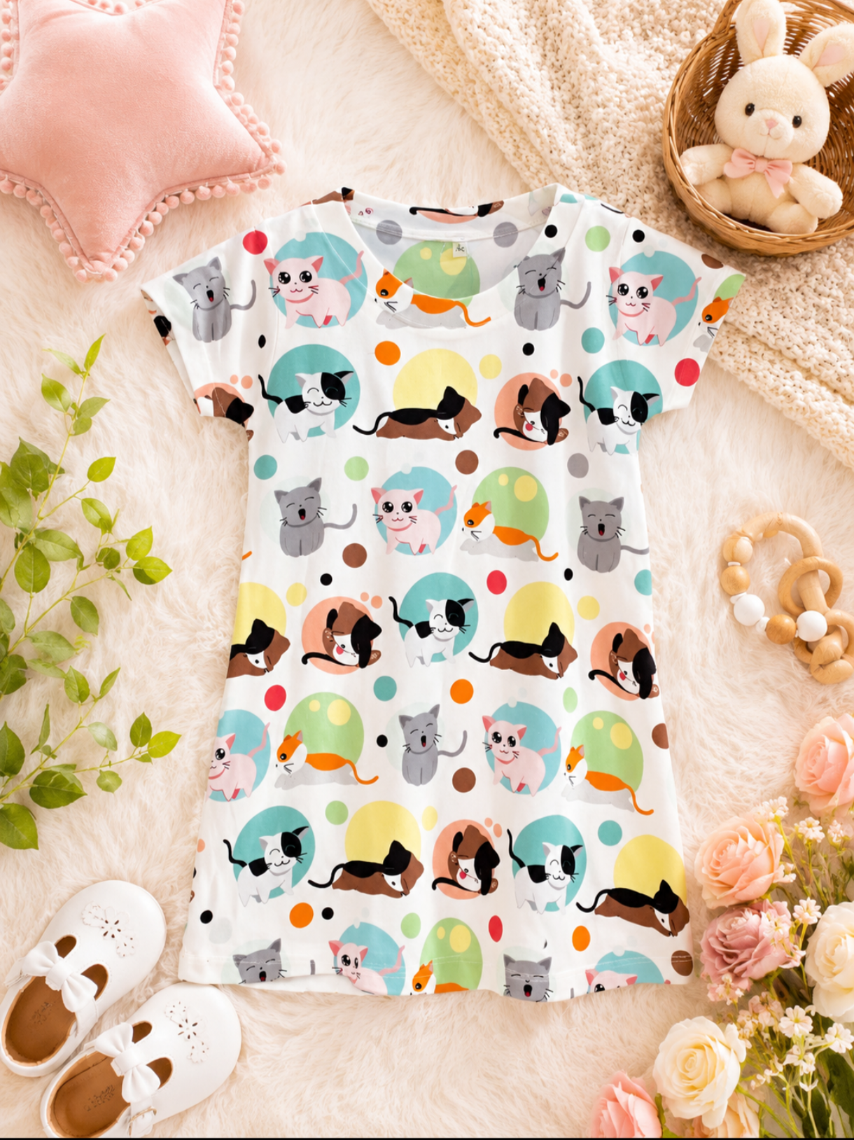 Girl's Cute Cat Print Cotton Top- White (3-4Y)