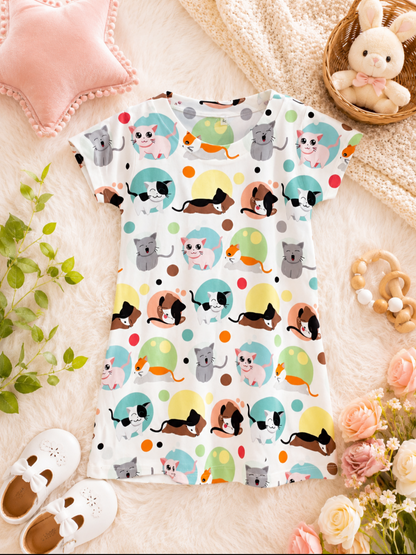 Girl's Cute Cat Print Cotton Top- White (3-4Y)
