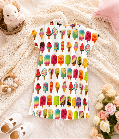 Girl's Colorful Ice-Cream & Popsicle Print Cotton Top - White (3-4Y)