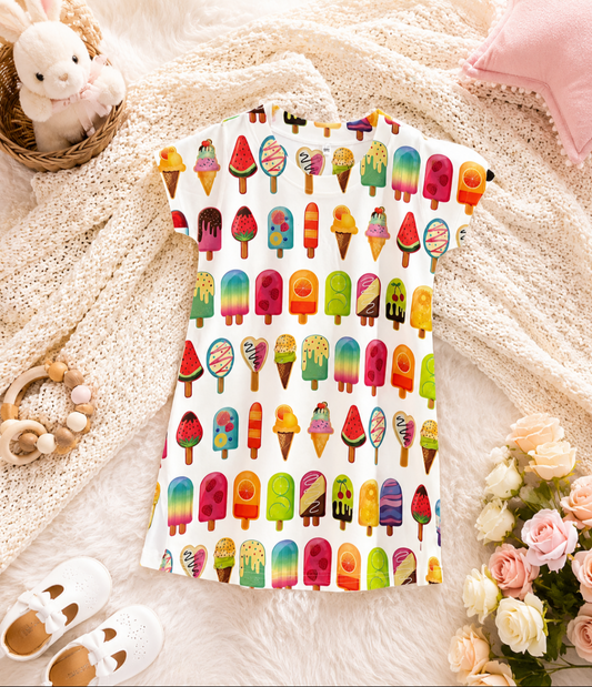 Girl's Colorful Ice-Cream & Popsicle Print Cotton Top - White (3-4Y)